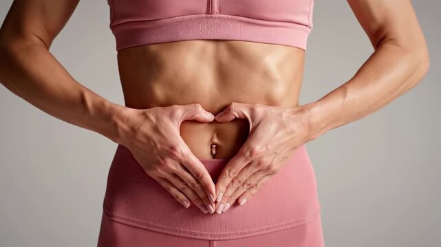 Womans toned abdomen with hands forming a heart shape over her belly button.