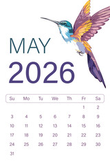 May 2026 Calendar with Vibrant Hummingbird Vector Art Modern Monthly Planner Template
