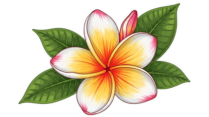 Beautiful white frangipani plumeria flower with yellow center and green leaves isolated on white background for spa and wellness