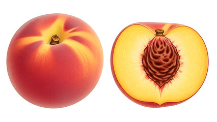Ripe whole peach and sliced half with seed isolated on white background for fruit and healthy eating