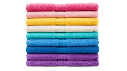 Stack of colorful folded cotton towels in blue yellow and pink isolated on white background for bathroom decor