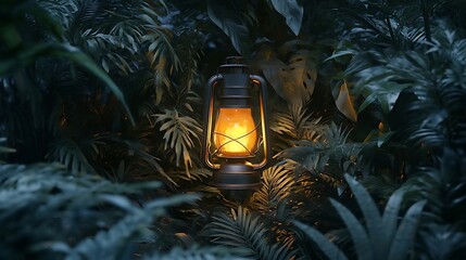 A vintage lantern glowing softly in a dense forest at twilight 