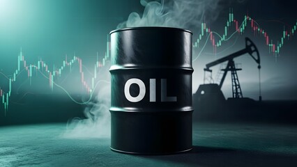 Oil barrel with smoke and stock market chart in background representing energy sector prices and global commodity trading