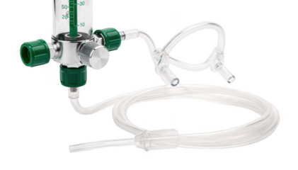 Medical oxygen flowmeter and l cannula isolated on white emphasizing essential equipment used to assist patients with mild breathlessness in clinical settings.