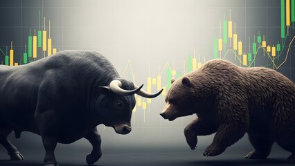 bull and bear fighting with stock market graph background symbolizing market volatility and finance
