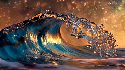 A wave of clear water with shimmering droplets suspended in mid-air against a glowing background 
