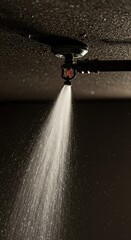 Automatic fire suppression system activated during an emergency blaze. Water cascades down from the ceiling sprinkler head, attacking the burning area ,flames ,sprinkler ,prevention
