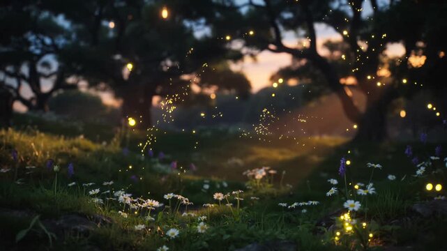 Magical fireflies floating in an enchanted forest meadow. Glowing light particles sparkling over flowers at twilight. Fantasy nature background animation