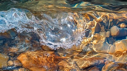 A wave of clear water with shimmering reflections flowing over a transparent surface 