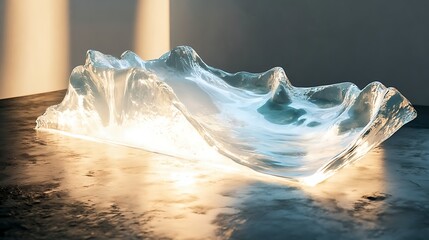 A wave of clear water with shimmering edges crashing against a sleek, glowing surface 
