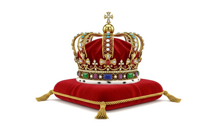 Royal golden crown with red velvet cushion and colorful jewels for monarchy and coronation symbol