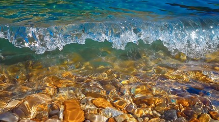 A wave of clear water with shimmering reflections flowing over a transparent surface 