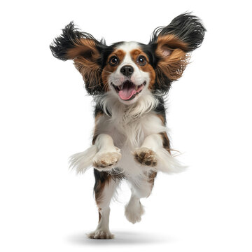 Playful tricolor dog with perked ears and joyful expression mid jump isolated on white background portrait illustration