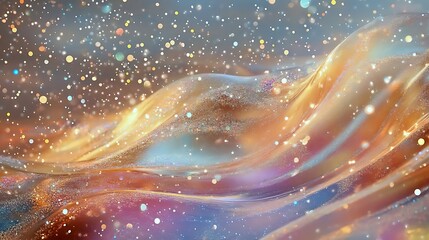 A wave of clear water with shimmering droplets suspended in mid-air against a glowing background 