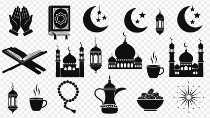 Ramadan icons set with mosque and lanterns