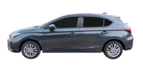 Side view of mini or small black sports hatchback car isolated with clipping path in png file format