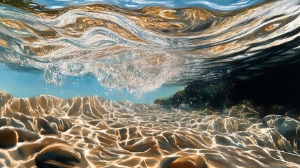 A wave of clear water with shimmering reflections flowing over a transparent surface 