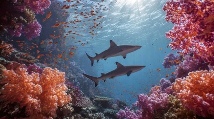 Sharks Swimming in Colorful Coral Reef