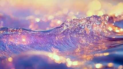 A wave of clear water with shimmering droplets suspended in mid-air against a glowing background 