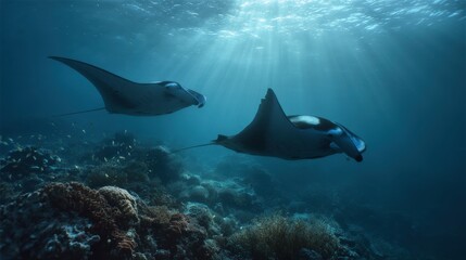Manta Rays Swimming in Clear Ocean Waters