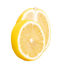 Top view of ripe yellow lemon fruit in  ellipse half and circle slice in stack isolated on white background with clipping path