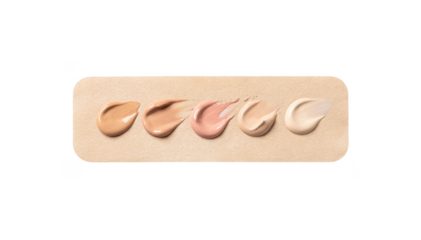 Single cosmetic patch test strip with makeup dabs on white background demonstrating a home beauty safety routine before full facial application.