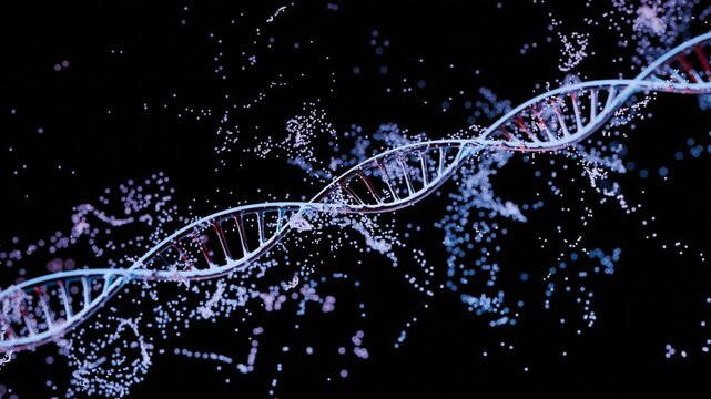 Futuristic DNA helix with glowing particles on dark background for genetics, biotechnology, medical innovation, and advanced genomic technology concept. Seamless loop. Created using non-AI 3D software
