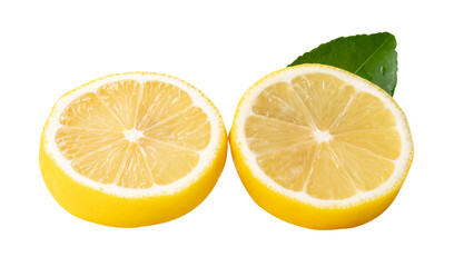 Front view of ripe yellow lemon fruit or slices in two circles with green leaf isolated on white background with clipping path