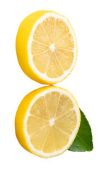 Front view of ripe yellow lemon fruit or slices in two circles with green leaf isolated on white background with clipping path