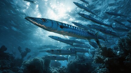 Underwater School of Barracuda Fish Swimming