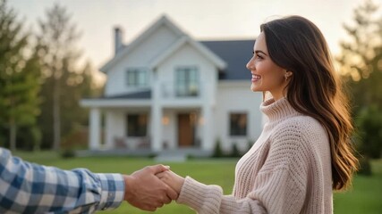 Smiling young woman shaking hands with a partner in front of a new modern house for real estate ownership concept and happy future