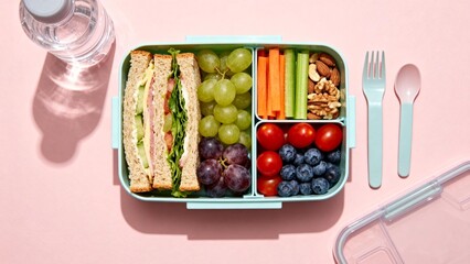 Healthy lunchbox with sandwich fruits and veggies