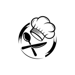 Fast food vector logo template, with chef hat, spoon and knife design