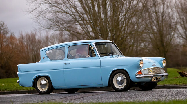 Milton Keynes,Bucks,UK - Jan 1st 2026:  1960 blue Ford Anglia classic car driving on a British road