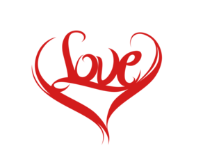 Elegant red calligraphy 'Love' inside a heart shape, isolated on transparent background, perfect for Valentine's Day graphics and romantic designs.