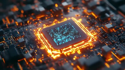 Glowing Microprocessor on Circuit Board at Night - Powered by Adobe