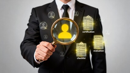 Businessman with magnifying glass and digital icons
