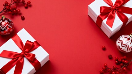 Christmas gift boxes with ornaments on red background