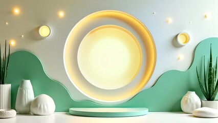 Illustrative diagram of the artistic scene featuring a green circular platform with light effects