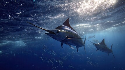 Deep Sea Marlin Swimming Underwater Ocean