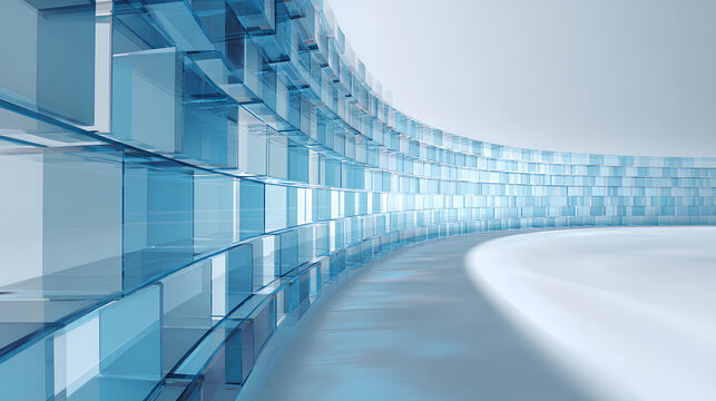 Abstract light blue 3d background with glass transparent square plates row. Crystal gradient curve wave line pattern. Futuristic architecture design, render digital tech banner Stock Illustration