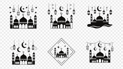Islamic mosque silhouettes with lanterns and crescent moons