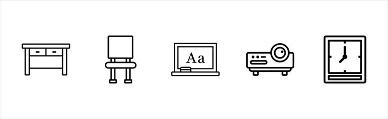 Outline classroom furniture icons pack school education
