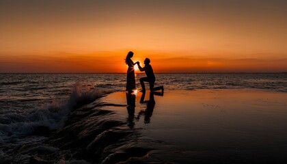 Fototapeta premium Couple embracing at sunset on beach