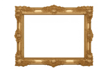 Golden ornate antique frame with baroque and rococo details, featuring elegant decorative elements, transparent background