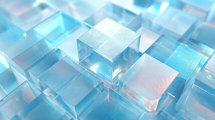 Abstract light blue 3d background with glass transparent square plates row. Crystal gradient curve wave line pattern. Futuristic architecture design, render digital tech banner Stock Illustration