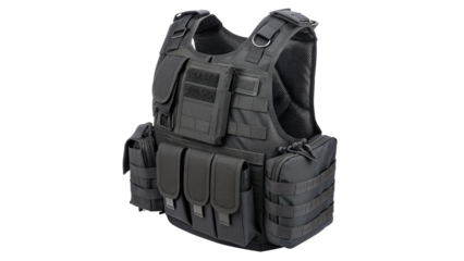 Black tactical vest with pouches for carrying gear and equipment isolated on transparent background cut out