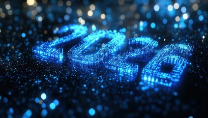 Futuristic 2026 concept glowing blue digital number with bokeh background