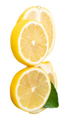 Front view of ripe yellow lemon fruit in slices in two circles and two oval shapes with green leaf in stack isolated with clipping path in png file format