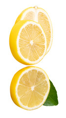 Top view set of ripe yellow lemon fruit or slices in two circles and one oval shape with green leaf in stack isolated on white background with clipping path